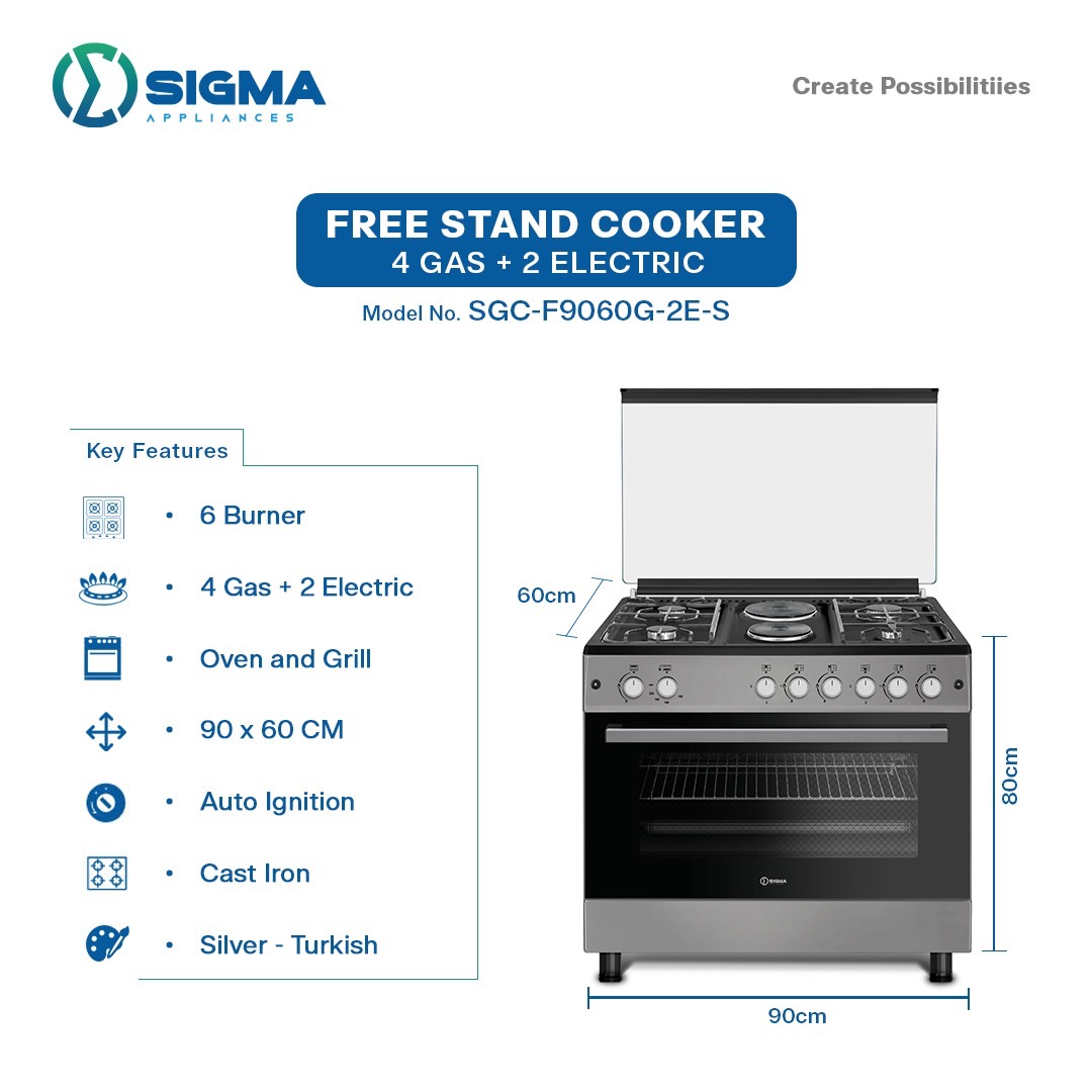 Sigma 2 Electric 4 Gas 90x60cm 6 Burner Cooker with Oven & Grill SGC-F9060G-2E-S (Silver)