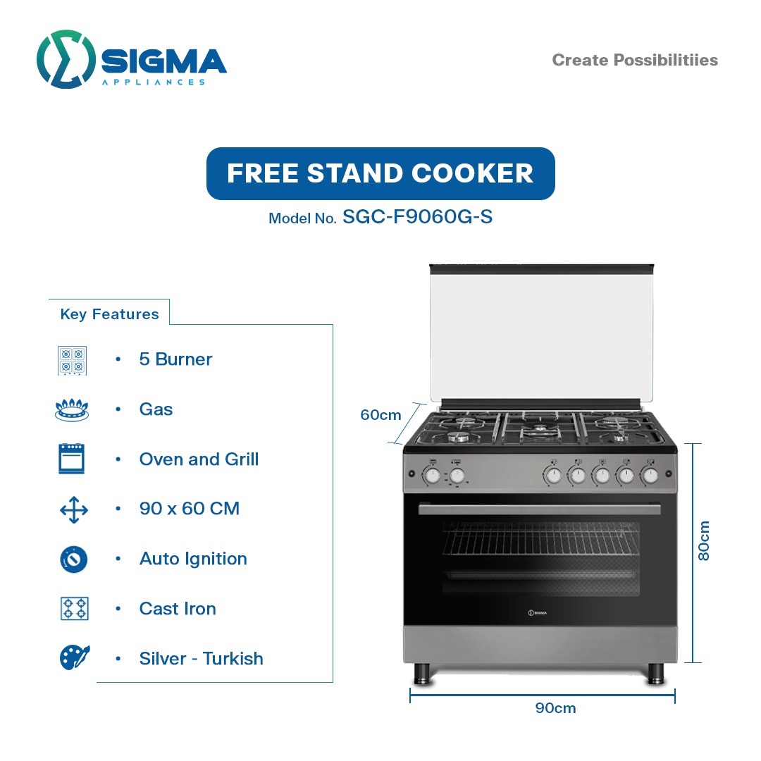 Sigma 5 Burner 90x60cm Gas Cooker with Oven & Grill SGC-F9060G-S