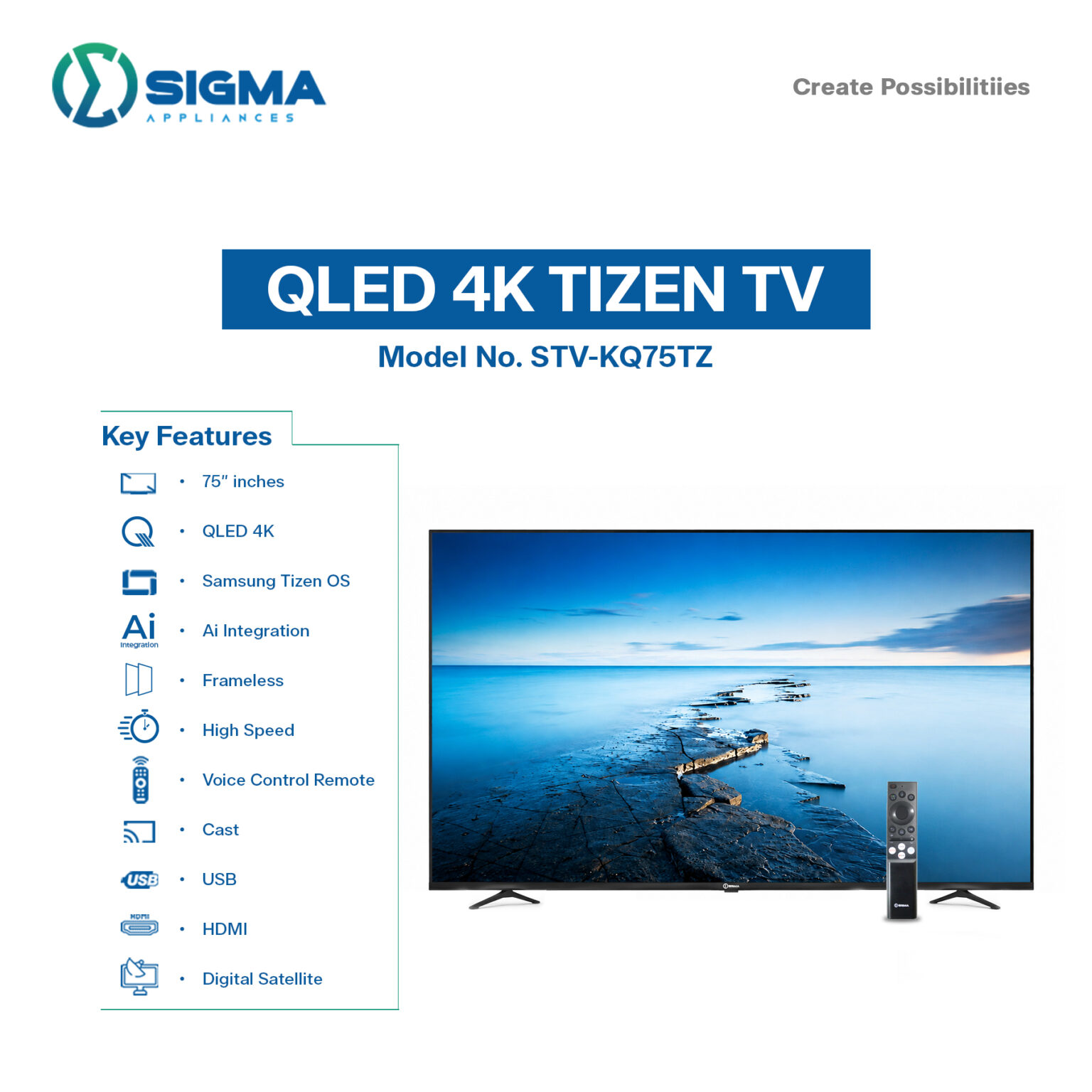 Sigma 75 Inch Smart Tizen 4k Qled Television (Powered by Samsung) - STV-KQ75TZ