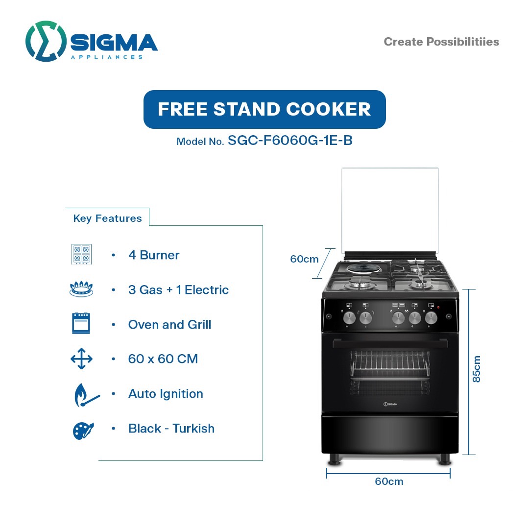 Sigma 1 Electric 3 Gas 4 Burner 60x60CM Cooker with Oven & Grill SGC-F6060G-1E-B (Black)