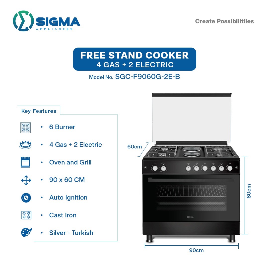 Sigma 2 Electric 4 Gas 90x60cm 6 Burner Cooker with Oven & Gas SGC-F9060G-2E-B (Black)