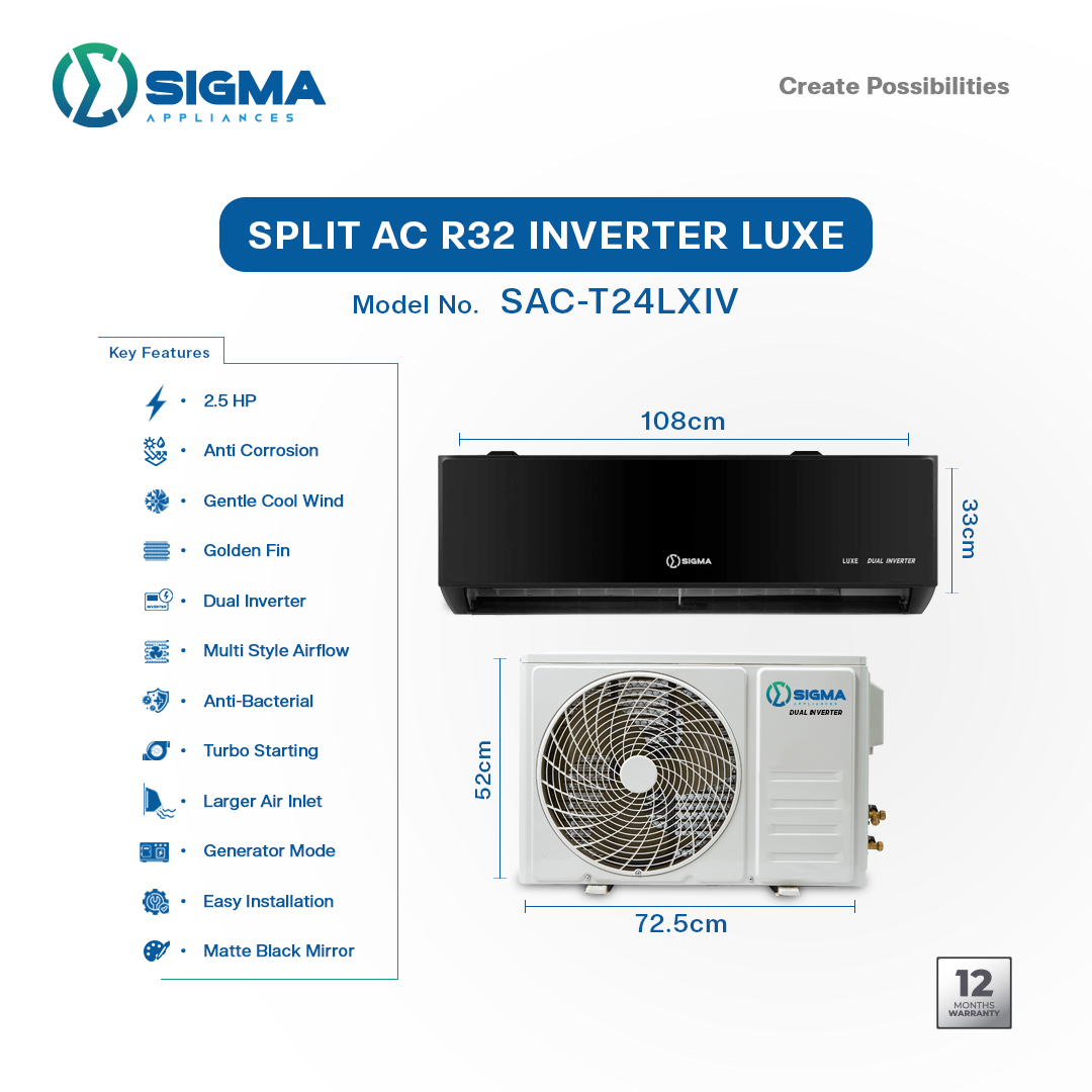 Sigma 2.5hp Luxe Split R32 Dual Inverter Black Air Conditioner - SAC-T24LXIV